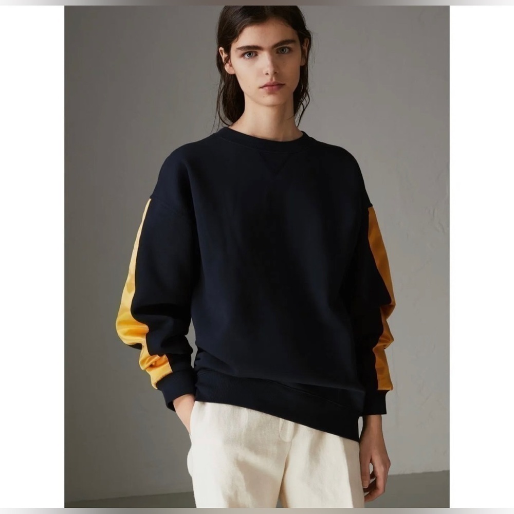 Burberry London Satin Gold Stripe Crewneck Sweatshirt Navy Blue XS